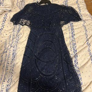NWT Adrianna Papell Beaded Mesh Capelet Overlay Short Sleeve Sheath Dress